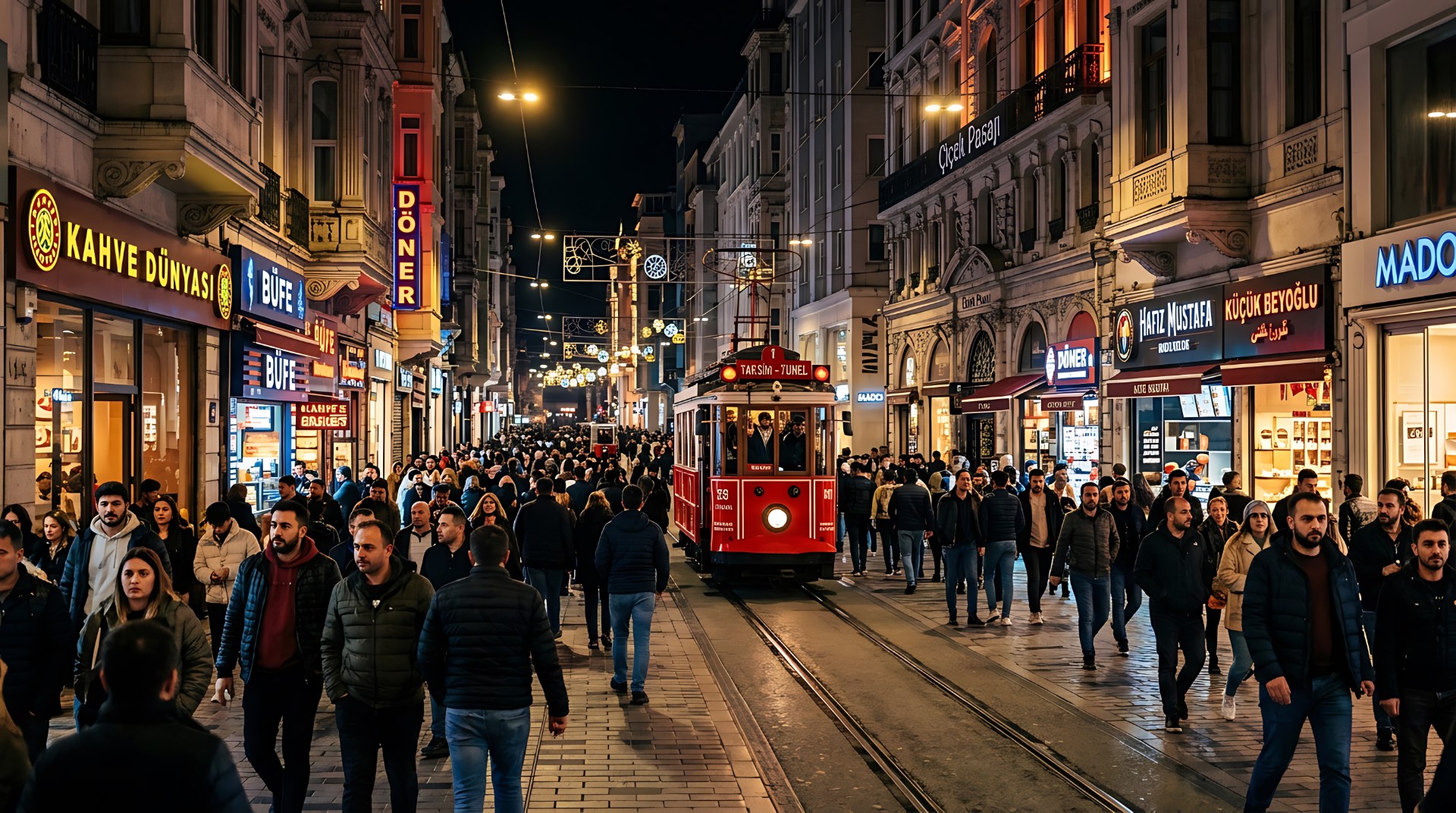 Davy lidí na třídě Istiklal v Istanbulu v noci a červená historická tramvaj